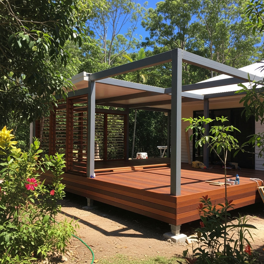 Tropical home extension with hardwood timber deck and louvre windows — TAW Projects Port Douglas Far North Queensland